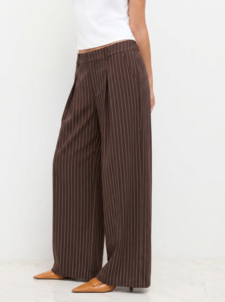Mid Rise Stripe Pleated Wide Leg Trousers