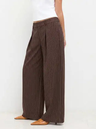 Mid Rise Stripe Pleated Wide Leg Trousers