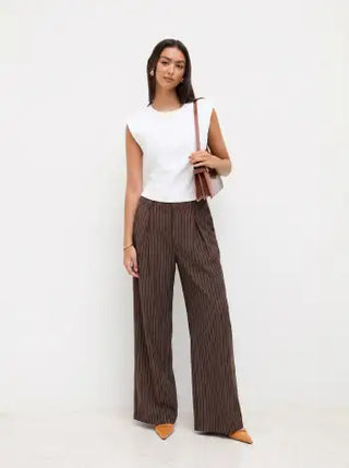 Mid Rise Stripe Pleated Wide Leg Trousers