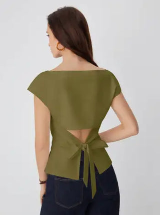 Linen-blend Boat Neck Ruched Cut Out Tie Back Top