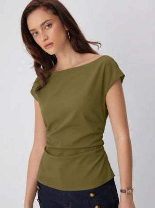 Linen-blend Boat Neck Ruched Cut Out Tie Back Top