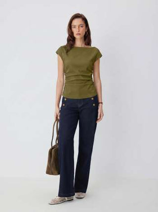 Linen-blend Boat Neck Ruched Cut Out Tie Back Top