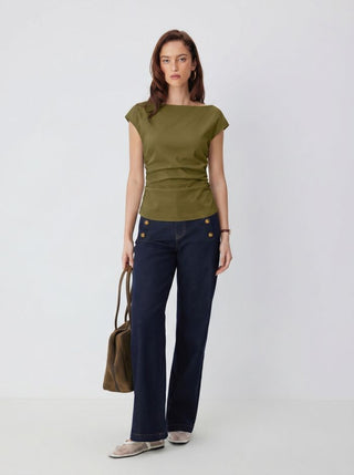 Linen-blend Boat Neck Ruched Cut Out Tie Back Top