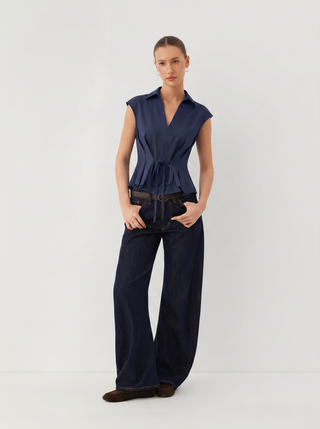 V-Neck Ruched Ruffled Tie Front Blouse