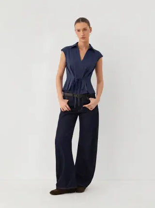 V-Neck Ruched Ruffled Tie Front Blouse