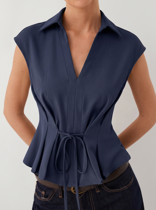 V-Neck Ruched Ruffled Tie Front Blouse
