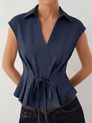 V-Neck Ruched Ruffled Tie Front Blouse