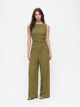 Texture Boat Neck Asymmetrical Hem Top & Mid Rise Straight Leg Trousers Set