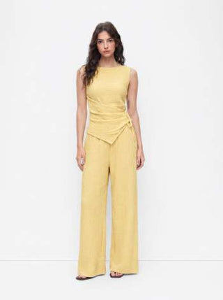 Texture Boat Neck Asymmetrical Hem Top & Mid Rise Straight Leg Trousers Set