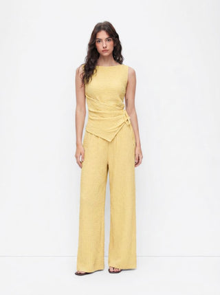 Texture Boat Neck Asymmetrical Hem Top & Mid Rise Straight Leg Trousers Set