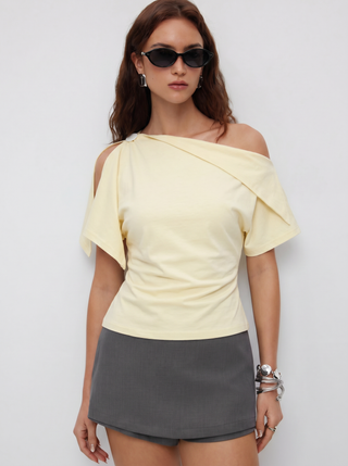 Cotton-blend Asymmetrical Neck Draped Button Short Sleeve Top