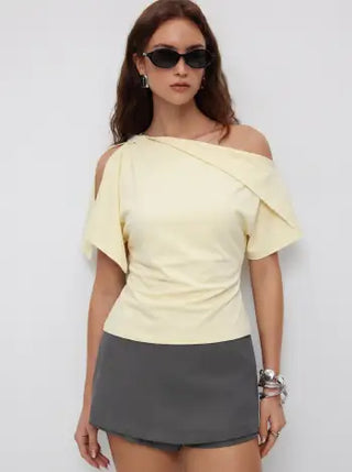 Cotton-blend Asymmetrical Neck Draped Button Short Sleeve Top