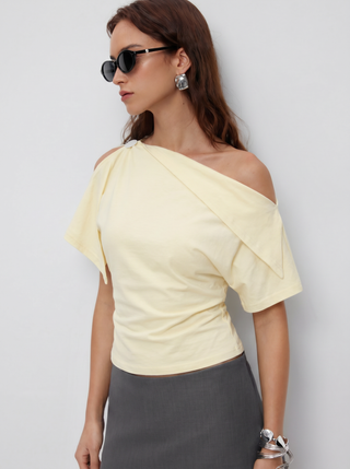 Cotton-blend Asymmetrical Neck Draped Button Short Sleeve Top