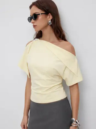 Cotton-blend Asymmetrical Neck Draped Button Short Sleeve Top