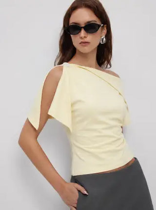Cotton-blend Asymmetrical Neck Draped Button Short Sleeve Top