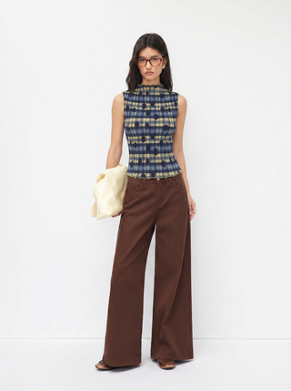 High Neck Plaid Texture Lettuce Trim Tank Top