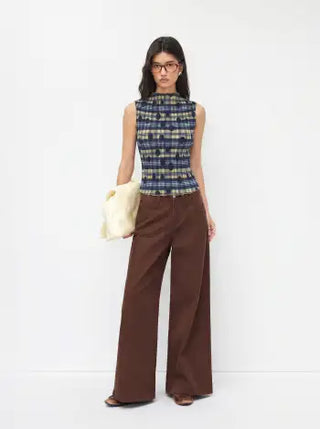 High Neck Plaid Texture Lettuce Trim Tank Top