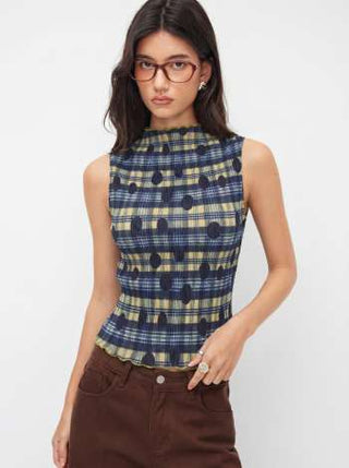 High Neck Plaid Texture Lettuce Trim Tank Top