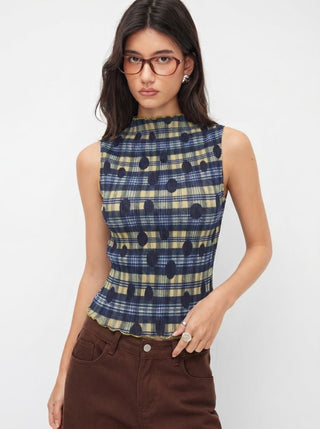 High Neck Plaid Texture Lettuce Trim Tank Top
