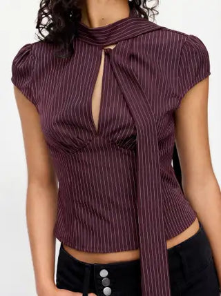 Striped Stand Collar Cut Out Blouse With Scarf