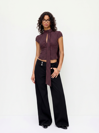 Striped Stand Collar Cut Out Blouse With Scarf