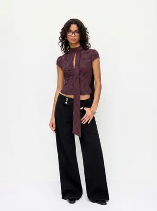 Striped Stand Collar Cut Out Blouse With Scarf