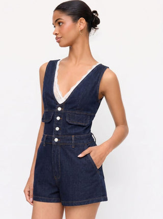 Denim V-Neck Button Front Metal Detail Jumpsuit