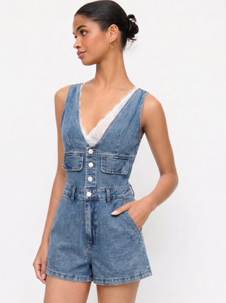Denim V-Neck Button Front Metal Detail Jumpsuit