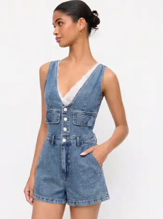 Denim V-Neck Button Front Metal Detail Jumpsuit