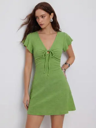Textured V-neck Ruffle Sleeve Knotted Ruched A-line Mini Dress