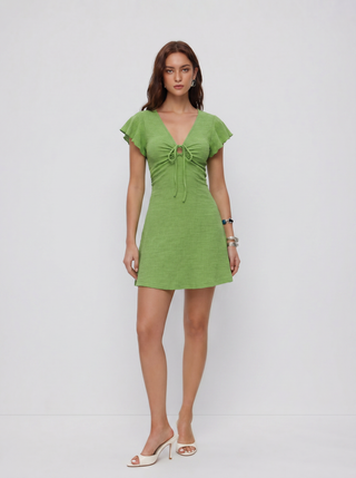 Textured V-neck Ruffle Sleeve Knotted Ruched A-line Mini Dress