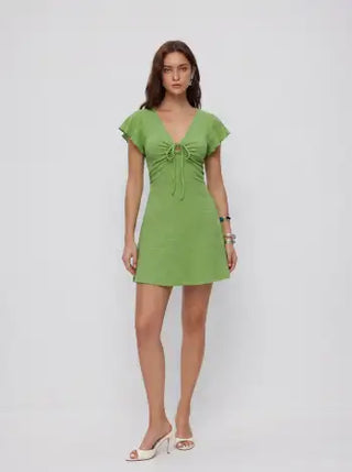 Textured V-neck Ruffle Sleeve Knotted Ruched A-line Mini Dress