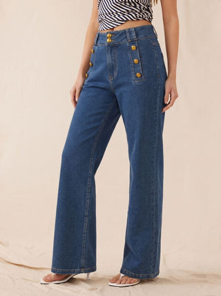 Stretch Denim High Rise Straight Leg Trousers With Metal Detail