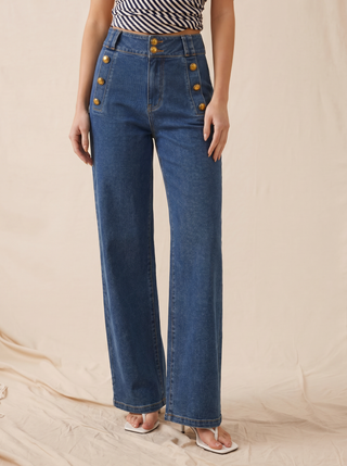 Stretch Denim High Rise Straight Leg Trousers With Metal Detail
