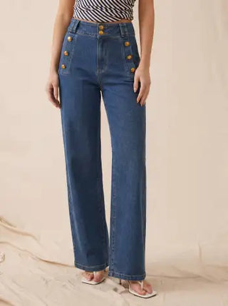 Stretch Denim High Rise Straight Leg Trousers With Metal Detail