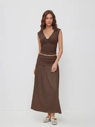V-neck Twist Ruched Top & Mid Rise Ruched Flared Maxi Skirt Set