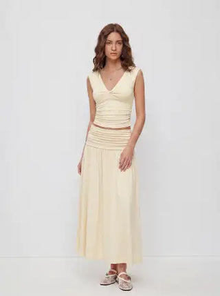 V-neck Twist Ruched Top & Mid Rise Ruched Flared Maxi Skirt Set