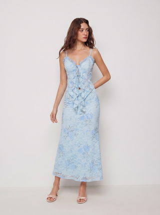 Floral Lace Trim Tie Front Cami Top & Mid Rise Bodycon Maxi Skirt Set