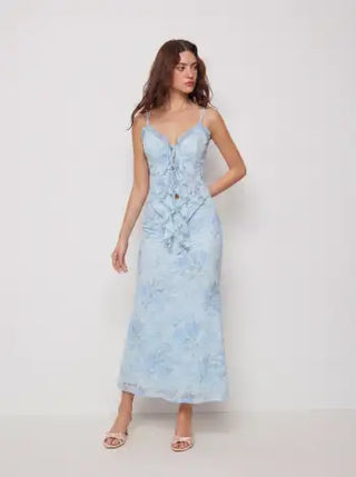Floral Lace Trim Tie Front Cami Top & Mid Rise Bodycon Maxi Skirt Set