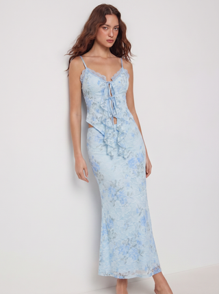 Floral Lace Trim Tie Front Cami Top & Mid Rise Bodycon Maxi Skirt Set