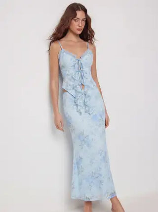 Floral Lace Trim Tie Front Cami Top & Mid Rise Bodycon Maxi Skirt Set