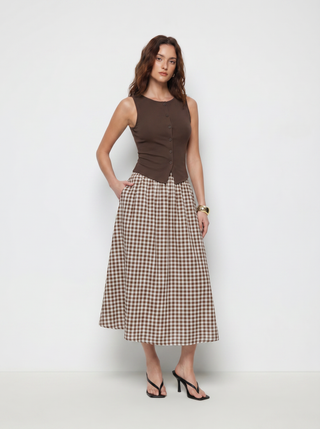 Cotton Button Top &  Gingham A-line Maxi Skirt Set