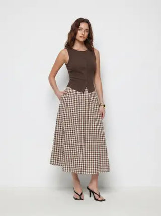 Cotton Button Top &  Gingham A-line Maxi Skirt Set