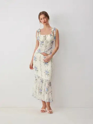 Mesh Mesh Floral Bowknot Cami Top & Mid Rise Maxi Skirt Set For Vacation