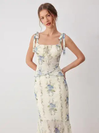 Mesh Mesh Floral Bowknot Cami Top & Mid Rise Maxi Skirt Set For Vacation