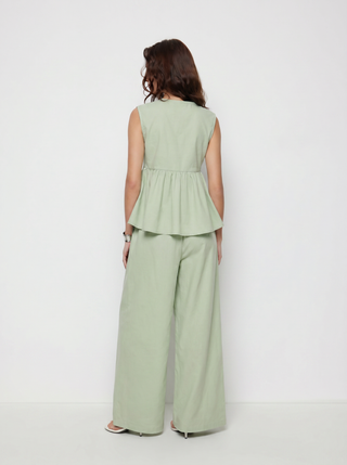 Linen-blend V-neck Ruched Peplum Top & Mid Rise Wide Leg Trousers Set