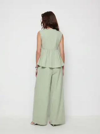 Linen-blend V-neck Ruched Peplum Top & Mid Rise Wide Leg Trousers Set