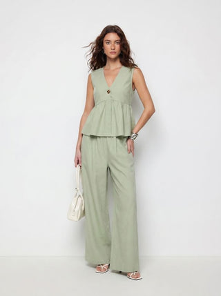 Linen-blend V-neck Ruched Peplum Top & Mid Rise Wide Leg Trousers Set