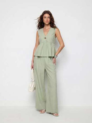 Linen-blend V-neck Ruched Peplum Top & Mid Rise Wide Leg Trousers Set