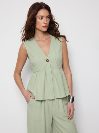 Linen-blend V-neck Ruched Peplum Top & Mid Rise Wide Leg Trousers Set